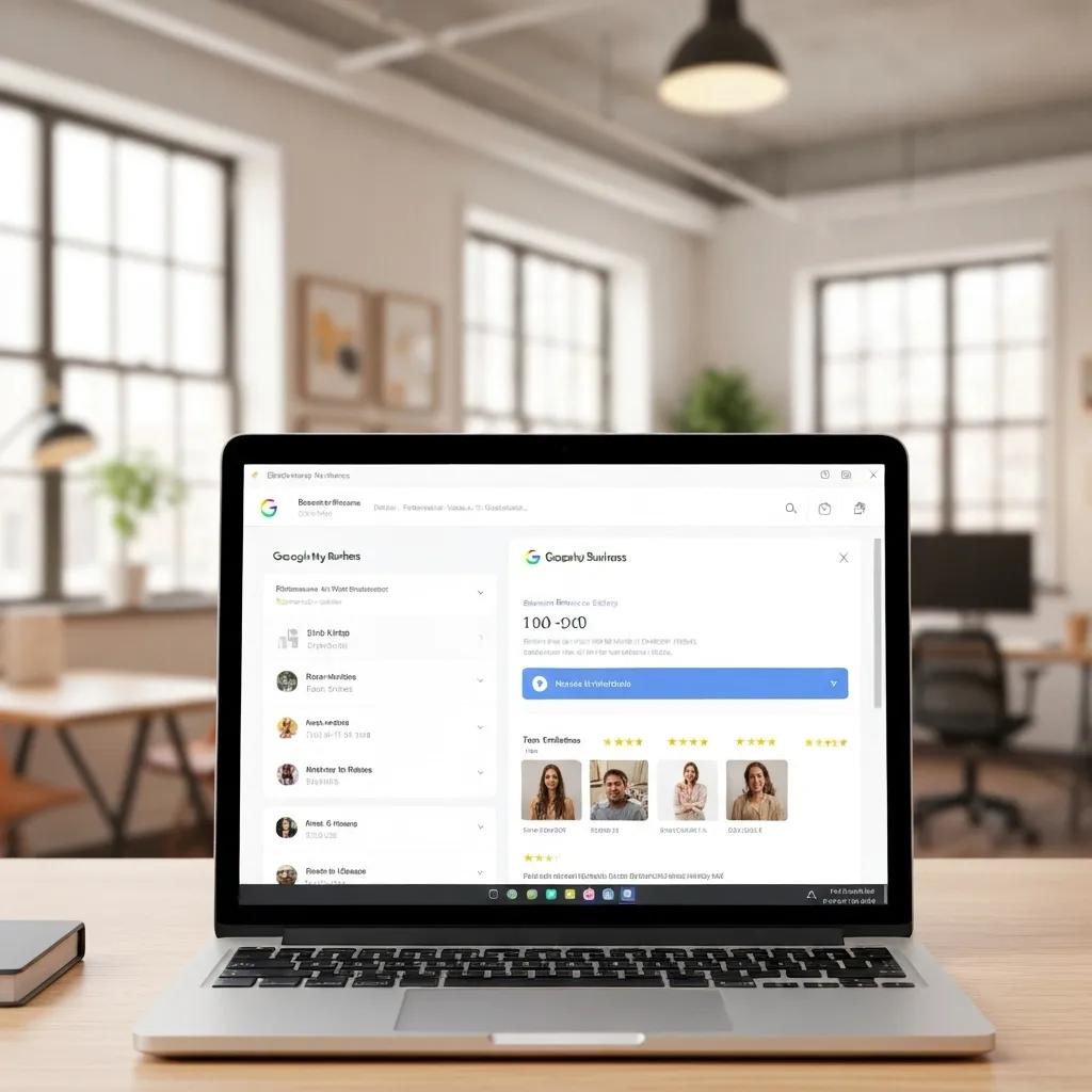 Ein optimiertes Google Unternehmensprofil auf einem Computerbildschirm, das wichtige Bereiche f&uuml;r lokale Sichtbarkeit hervorhebt